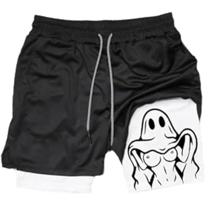 Image of Siirigo Shorts Men, Sexy Boobs Graphic Print Gym Performance Shorts, Running with Phone Pocket (L,A 8)