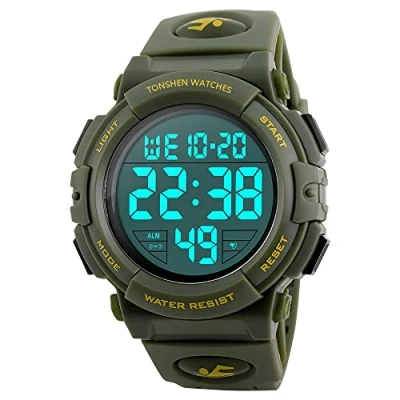 Image of TONSHEN Mens Large Numeral Simple Multifunction LED Electronic Digital Sport Watch Outdoor Military 50M Waterproof Plastic Case with Rubber Band Wrist Watches Stopwatch Date