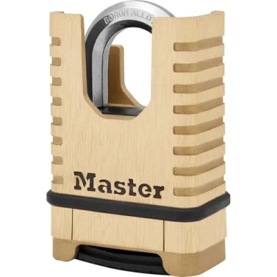 Image of MASTER LOCK Brass Heavy Duty Solid Padlock, Security Level 9/10, Outdoor, Combination, Anti Rust and weatherproof, Closed Shackle