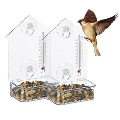 Image of Relaxdays Set of 2 Window Bird Feeder, Suction Cups, Feeding Station with Thermometer, 17 x 11.5 5 cm, Transparent