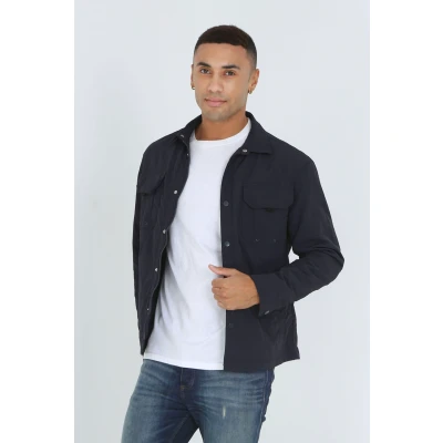 Image of BRAVE SOUL Men&#039;s Lightweight Casual Jacket Plain Utility Shacket Pockets Collar Regular Fit