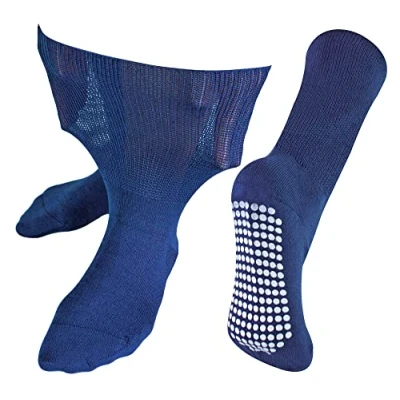 Image of Dr.Socks Extra Wide Oedema Socks with Non Slip Grips Mens &amp; Ladies Bamboo Slipper Grippers for Swollen Legs Ankles Feet (12 14, Navy)