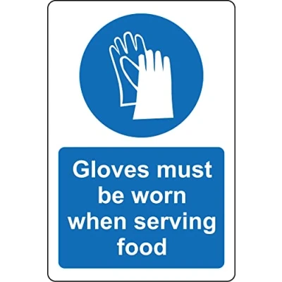 Image of Gloves must be worn when serving food Safety sign Self adhesive sticker (200mm x 150mm)