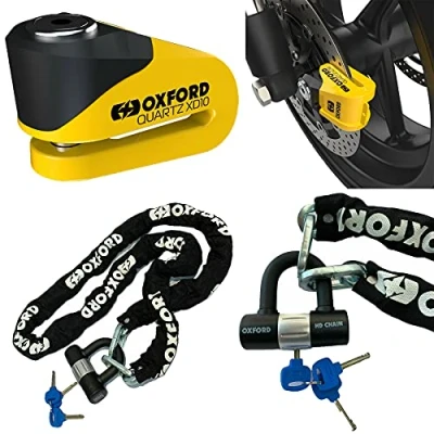 Image of Oxford Security Quartz XD10 Disc Lock 10mm pin Yellow + HD Chain 1.5 metre Black (Yellow Black)