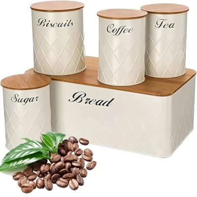 Image of NTEK 5pc Kitchen Storage Bamboo Lid Set Includes Tea, Coffee, Sugar, Bread and Biscuit Barrel Canister Jar &amp; Stylish Bin Diamond Embossed Design Matt Finish (WHITE)