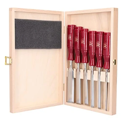 Image of Kirschen 1103000 Firmer Chisel Set with Plastic Handle in Wooden Box, Red/Silver, 6 Piece