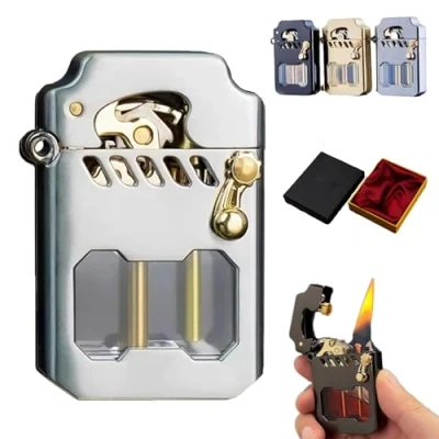 Image of Mecha Metal Rocker Lighter,Retro Transparent Oil Tank Kerosene Windproof Lighter,Mecha Lighter (White)