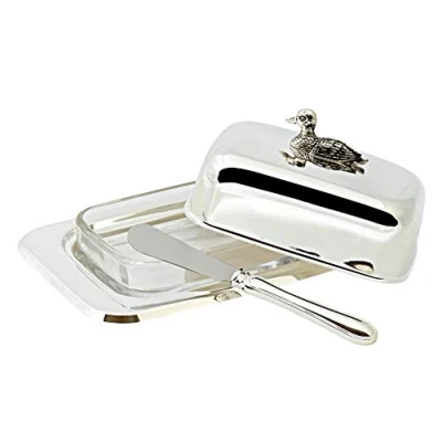 Image of EDZARD Duck Butter Dish, 13 x 18 cm, Holds 250 g Butter, Silver, Tarnish Resistant, with Glass Bowl Insert, Including Knife