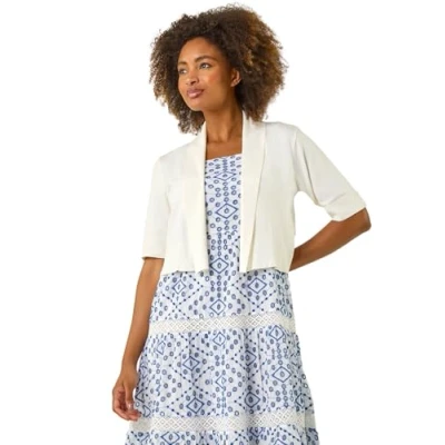 Image of Roman Button Cuff Knitted Shrug for Women UK Ladies Spring Everyday Summer Holiday Edge to Comfy Short Sleeve Soft Ribbed Hem Jumper Day Out Cardigans Plain Natural Size 12