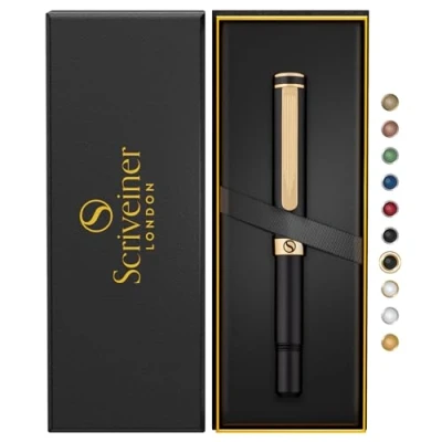 Image of Scriveiner Black Rollerball EDC Luxury Pen, Stunning Pocket Pen with 24K Gold Finish, Cool Writing Best Gift for Men, Women, German Schmidt Refill, Nice Present, Fancy Office Designer Set