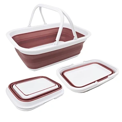 Image of SAMMART 9.2L Collapsible Tub with Handle Portable Outdoor Picnic Basket/Crater Foldable Shopping Bag Space Saving Storage Container… (White/Dusky Pink)