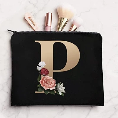 Image of 26 Letter Printed Zip Canvas Pouch Makeup Bag Make Up Bag, Cosmetic Travel Bag,Toiletry Bag,Organizer Bags,Toiletry Bags, Bride Bridesmaid Bag,Pencil Bag,Wash Bag,Coin Purse (Gold P)
