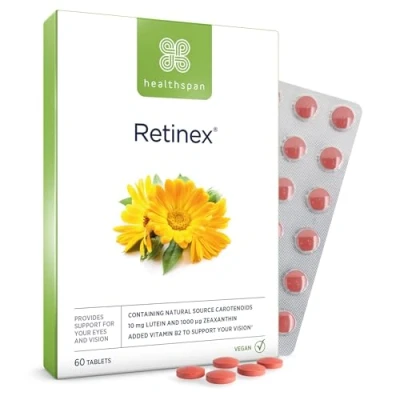 Image of Healthspan Retinex 60 Tablets 10mg Natural Source of Lutein High Levels Zeaxanthin Added Vitamin B2 Vegan