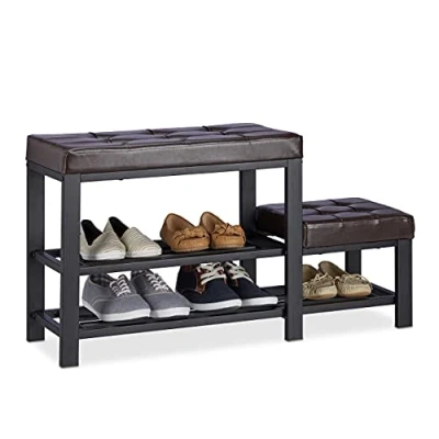 Image of Relaxdays Shoe Bench with Footstool, Comfortable Seat Padding, 2 Tiers, Rack for Kids, HWD: 50 x 90 20 cm, Brown