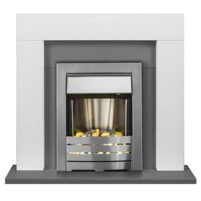 Image of Adam Dakota Fireplace in Pure White &amp; Grey with Helios Electric Fire Brushed Steel, 39 Inch