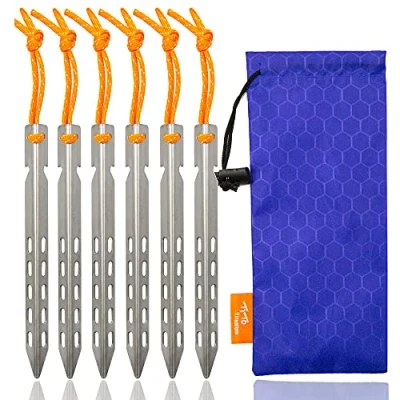 Image of TiTo Titanium Tent Stakes 10X10X160mm 6 Pack V Shaped Windproof Nail Pegs with Carrying Pouch for Camping, Hiking, Gardening and Canopy (Titanium)
