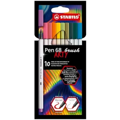 Image of Premium Fibre Tip Pen with brush STABILO 68 ARTY Pack of 10 Assorted Colours