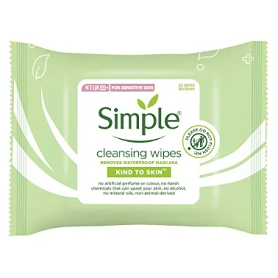 Image of Simple Sensitive Skin Experts Kind To Cleansing Facial Wipes, Waterproof Mascara Remover, Even Softer, 25 Count, (4 Pack)
