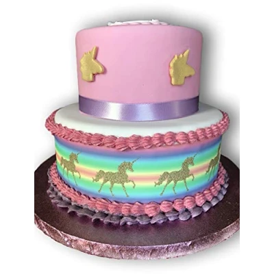 Image of Top That Edible Decor Sheet Gold Unicorn Rainbow Themed Border Ribbon Perfect for Larger cakes Easy to Use