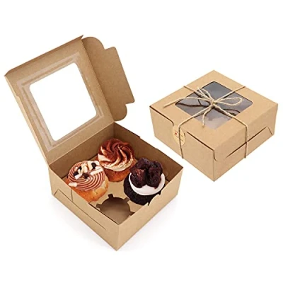 Image of 10 Pack Kraft Paper Cupcake Boxes with Window and Inserts, Brown Bakery Cookie Cake Jute Twine Stickers for Cupcake, Cookie, Dessert, Pastry (4 Inserts)