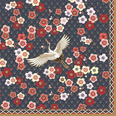 Image of 20 napkins, crane in the sea of flowers, table decoration, decoupage, napkin technology, 33 x cm