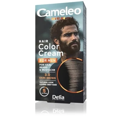 Image of Cameleo Men Permanent Hair Dye Dark Brown Colour for Beard &amp; Moustache Natural Effect in 5 Minutes Cover Grey Ammonia FREE 30ml