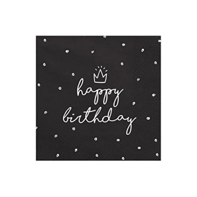 Image of PartyDeco Happy Birthday Napkins 20 Pack, 33x33cm 3 Ply Paper with Polka Dots and Crown Black Party for Birthdays