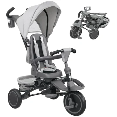 Image of AIYAPLAY Kids Trike, 6 in 1 Toddler Tricycle with Adjustable Parent Handle &amp; Canopy, Convertible Seat, for Ages 5 Years, Foldable Baby Trike Safety Harness, Storage Basket Bag, Grey