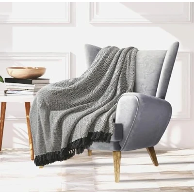 Image of EHC Throws for Sofas 1 Seater Bed, Armchair Couch Chair, Reversible Throw Cotton, 125 x 150 cm, Grey