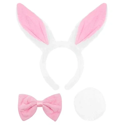 Image of ADULTS BUNNY SET WHITE RABBIT EARS + PINK BOWTIE TAIL PLUSH WONDERLAND EASTER FANCY DRESS COSTUME ACCESSORY (PACK OF 1)