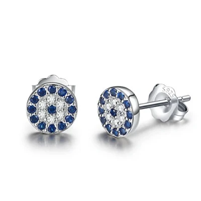 Image of Kaletine Blue Evil Eye Stud Earrings 6x6mm Sterling Silver Eardrop with White Cubic Zirconia Gemstone Charm