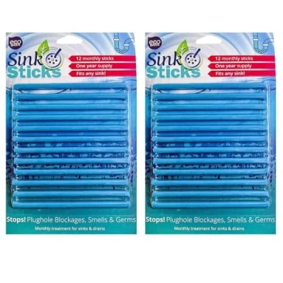 Image of Eco Barn Sink Stick Plughole Sticks Drain Unblocker &amp; Sanitation. for Bathroom Kitchens, Cleaner Deodoriser, Prevent Hair Blockages Forming 2 Packs, 24