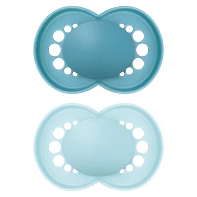 Image of MAM Original Soother 16+ Months (Pack of 2), Baby Made from Sustainable Material, SkinSoft Silicone Teat, with Case, Blue (Designs May Vary)