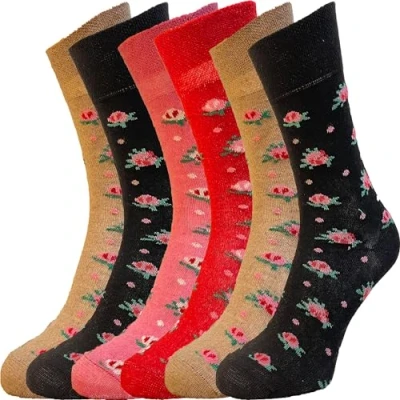 Image of ZombaFlo 6 Pairs Diabetic Socks for Women Non Elastic Cotton Rich Gentle Grip Soft Top UK 4 7 Multipack (Standard, Floral)