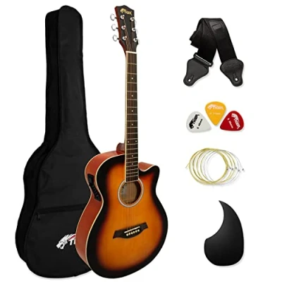 Image of TIGER ACG4 SB Full Size Electro Acoustic Guitar for Beginners with Built in 3 Band EQ Package includes Gig bag, Strap and Spare Strings Sunburst Now Six Months FREE lessons