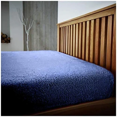 Image of GC GAVENO CAVAILIA Luxury Teddy Plain Fitted Sheet, Easy Care Soft Bed Linen Thermal Warm Fluffy Double size, Navy
