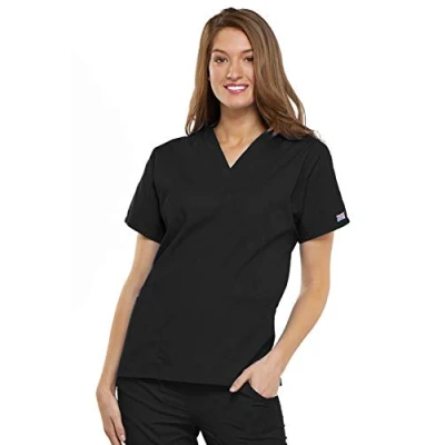 Image of CHEROKEE Women Woman Scrub Top Originals Medical Clothing with Pockets V Neck WWE4700 Black XXS