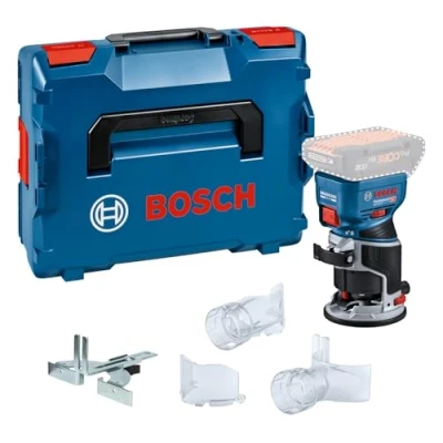 Image of Bosch Professional 18V System Cordless Router GKF 8 (incl. Parallel Guide, 2X Routing vac adaptors, Chip Shield, ¼ (6.35mm) Collet, Wrench, L BOXX, Without Battery/Charger)