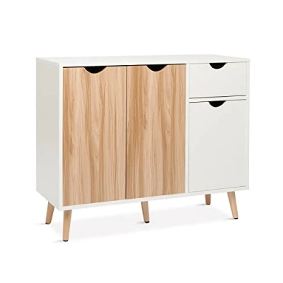Image of Mondeer Sideboard, Cupboard Storage Cabinet with 3 Doors and 1 Drawer Modern Free Standing Wooden 90x 74x 30cm for Living Room Bedroom Kitchen, Oak White