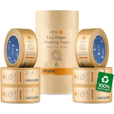 Image of Koju Kraft Paper Packing Tape 48mm x 50m 6 pack Eco Friendly &amp; Recyclable Brown for Packaging Parcels Moving House Boxes Strong, Heavy Duty Parcel (6)