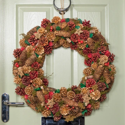 Image of 60cm Red Hanging Christmas Wreath with Berries and Pinecones