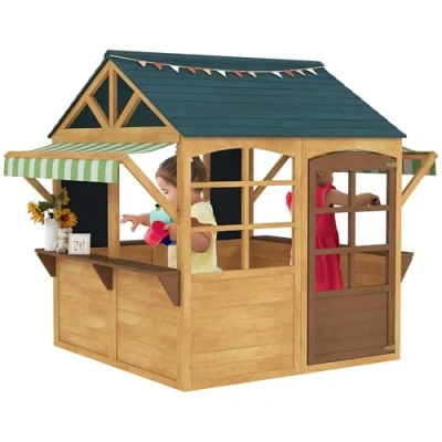 Image of AIYAPLAY Wooden Playhouse for Kids Outdoor, Foldable Wendy House with Windows, Working Door, Service Stations, Rain Covers, Blackboards, Garden Toys 3 8 Years