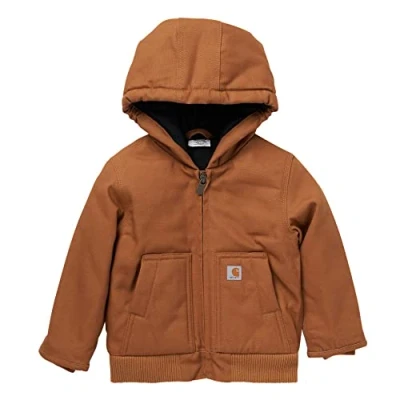 Image of Carhartt Boys&#039; Insulated Hooded Canvas Zip up Jacket Coat, Brown, 18 Months