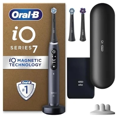 Image of Oral B iO7 Electric Toothbrushes For Adults, App Connected Handle, 3 Toothbrush Heads, Travel Case &amp; Head Holder, 5 Modes with Teeth Whitening, Black