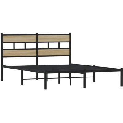 Image of vidaXL Metal Bed Frame 160x200 cm Black/Iron Sonoma Oak Headboard Double Slatted Base, Extra Storage