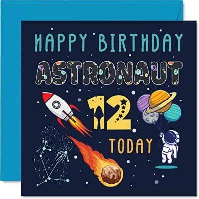 Image of 12th Birthday Card Boy Space Astronaut Cosmos Happy 12 Year Old Girl, Twelve Twelfth Girls Boys Cards, 145mm x Greeting for Son Daughter Niece Nephew Grandson