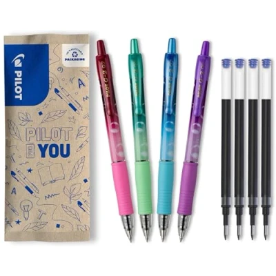 Image of PILOT Set of 4 G2 Bubble + Refills Retractable and Refillable Gel Roller Pens Excellent Writing Comfort Colored Barrels (Purple, Green, Turquoise, Burgundy) Blue Ink Medium Tip