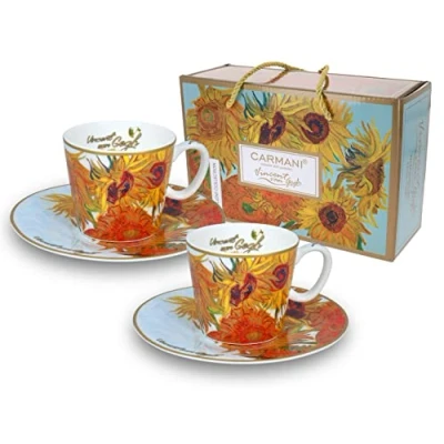 Image of Carmani Espresso Cup with saucer Set of 2 &#039;Sunflowers&#039; by Vincent Van Gogh 125 ml