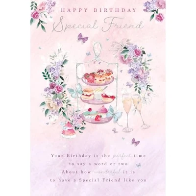 Image of Noel Tatt Special Friend Female Birthday Card Floral Afternoon Tea and Sentiment Verse with Foil Details Eco Friendly Recyclable