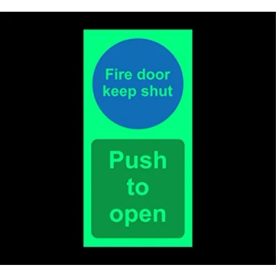 Image of Fire door keep shut push to open Safety sign 200mm x 100mm 1.2mm Photoluminescent rigid plastic with self adhesive backing